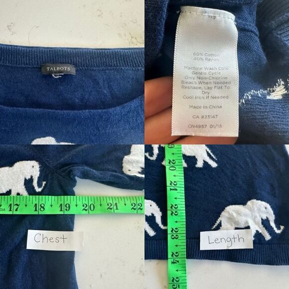 Talbots Short Sleeve Sweater Navy Elephants Pullover Top Rayon Cotton safari - Picture 2 of 7